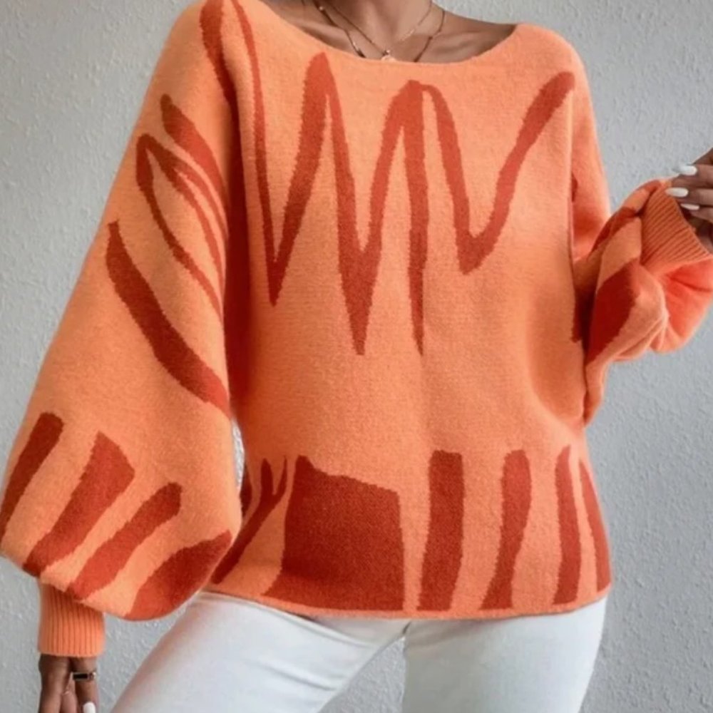 Orange Printed Lantern Sleeve Sweater